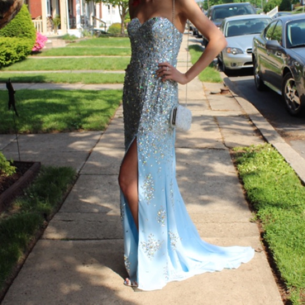 Baby Blue Side Slit Sequin Gown Prom Dress